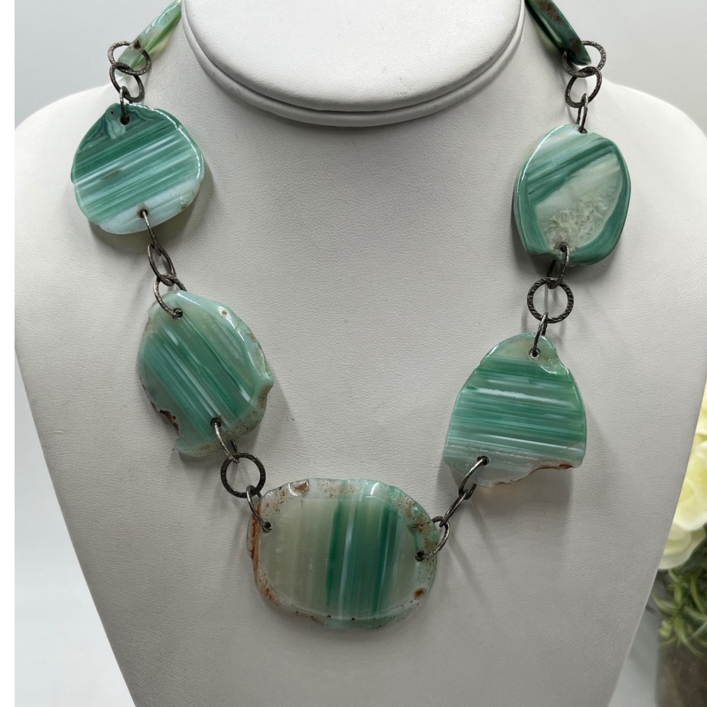 Lucas Lameth LC Green‎ Banded Chunky Agate Slab Stone Necklace